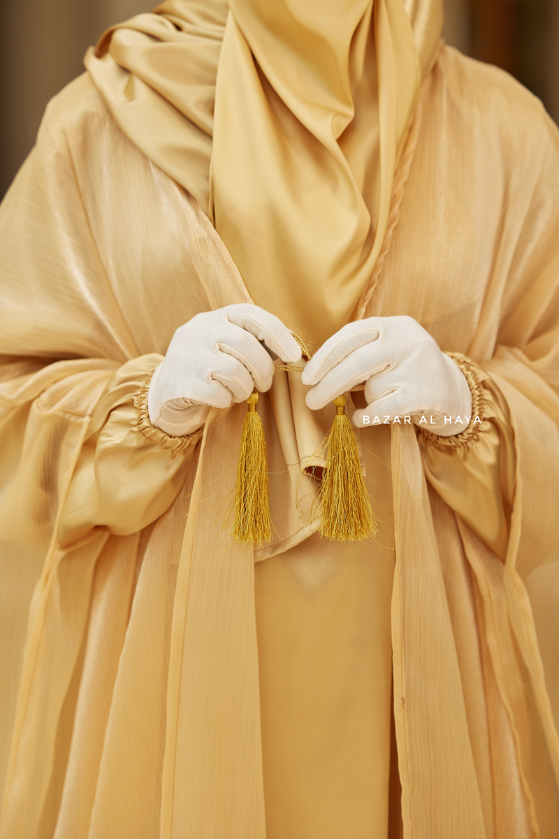 Humaira 3 Piece Abaya Set In Yellow Gold Organza Luxurious Kaftan With Inner Dress, Scarf