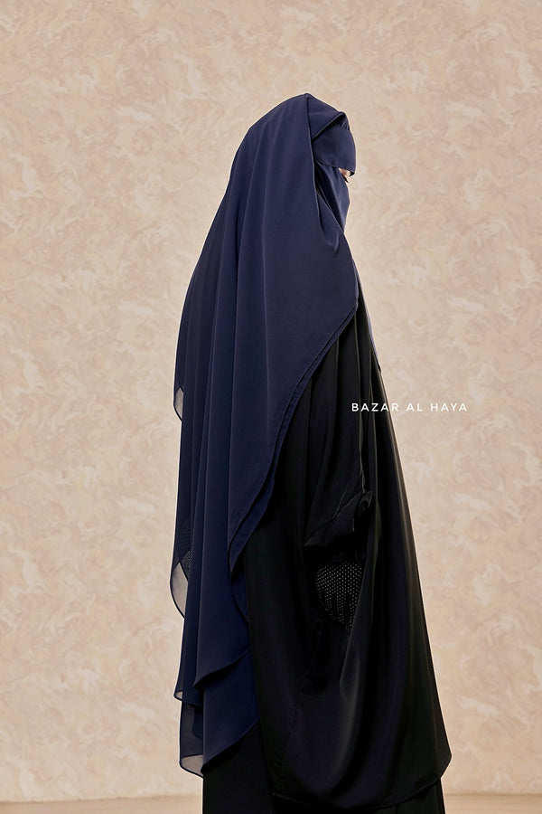 Dark Blue Flap Two Layer Niqab - Long & Wide - Super Breathable Veil - Large