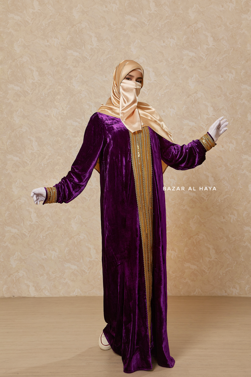 Purple Irfah Luxurious Plush Pombarch Kaftan - Abaya Dress With Belt