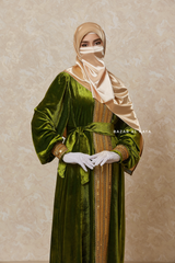 Pistachio Irfah Luxurious Plush Pombarch Kaftan - Abaya Dress With Belt