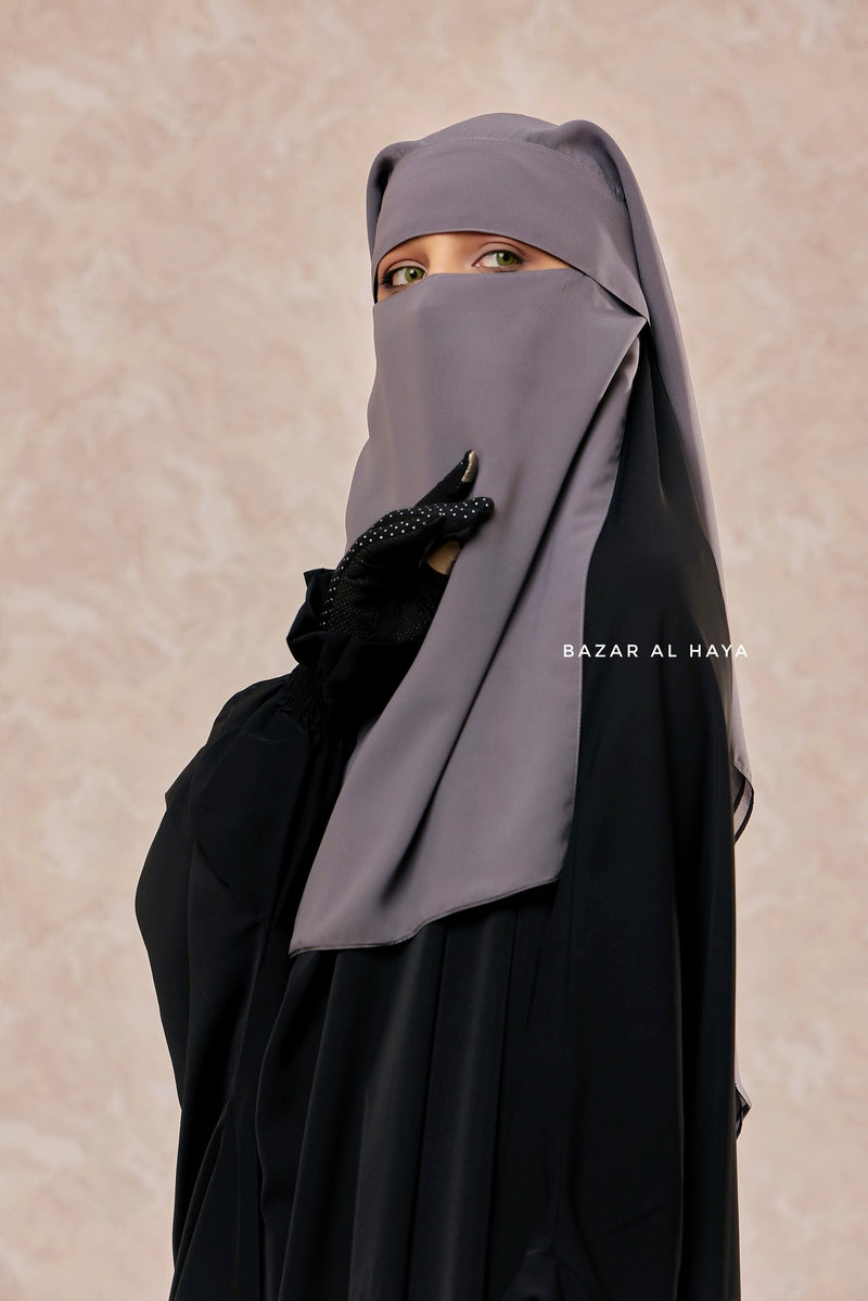 Grey Two Layer Flap Niqab - Premium Wool Chiffon - Medium