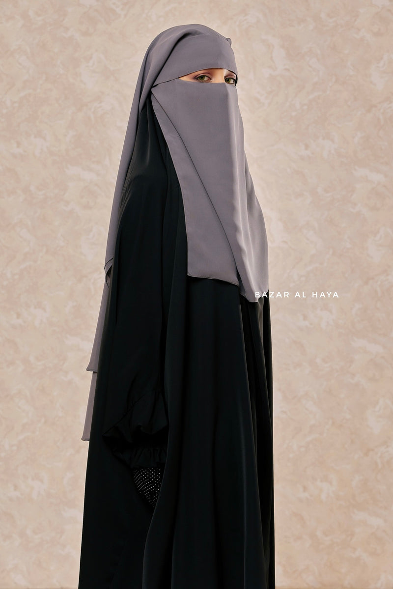 Grey Two Layer Flap Niqab - Premium Wool Chiffon - Medium