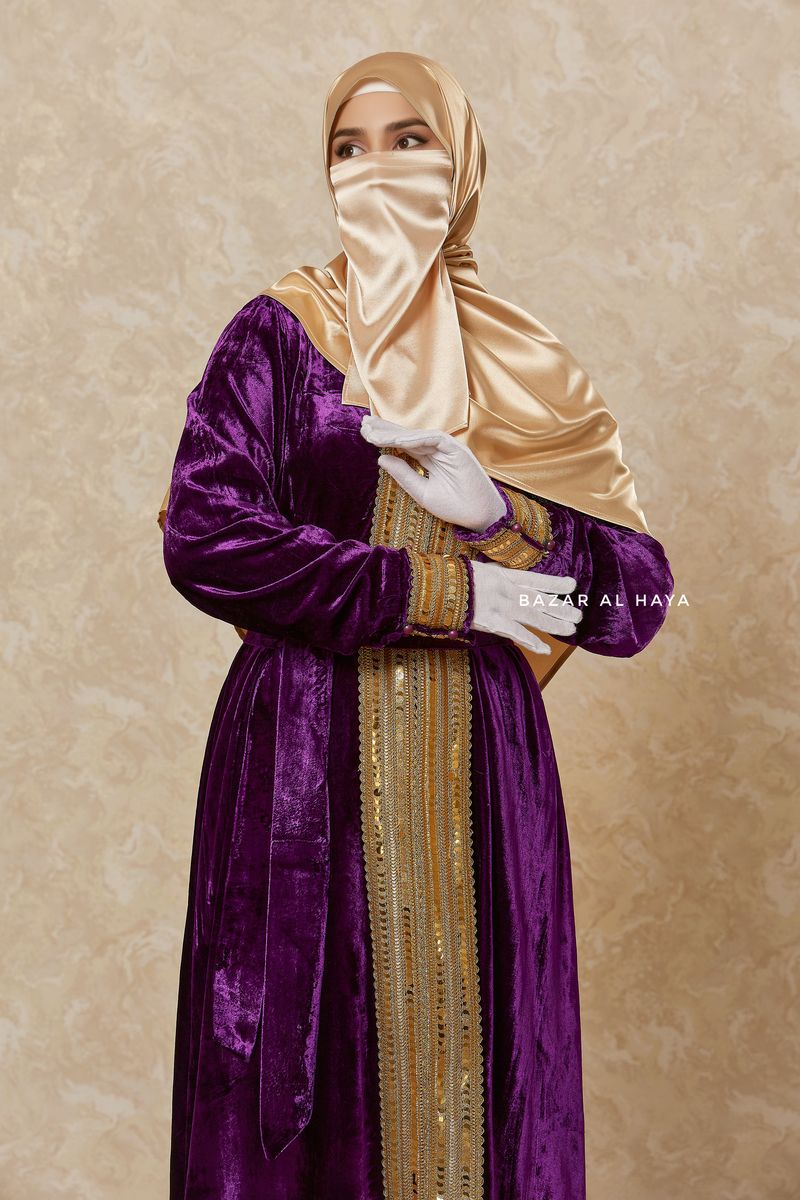 Purple Irfah Luxurious Plush Pombarch Kaftan - Abaya Dress With Belt