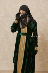 Emerald Green Irfah Luxurious Plush Pombarch Kaftan - Abaya Dress With Belt