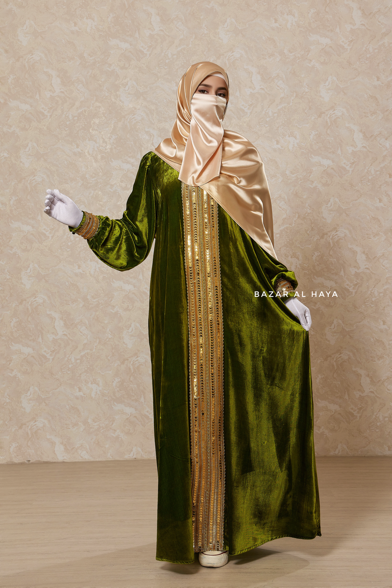 Pistachio Irfah Luxurious Plush Pombarch Kaftan - Abaya Dress With Belt