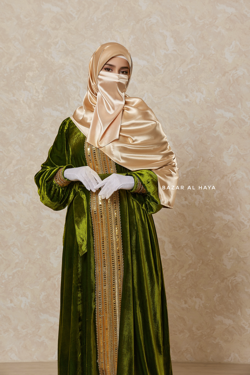 Pistachio Irfah Luxurious Plush Pombarch Kaftan - Abaya Dress With Belt