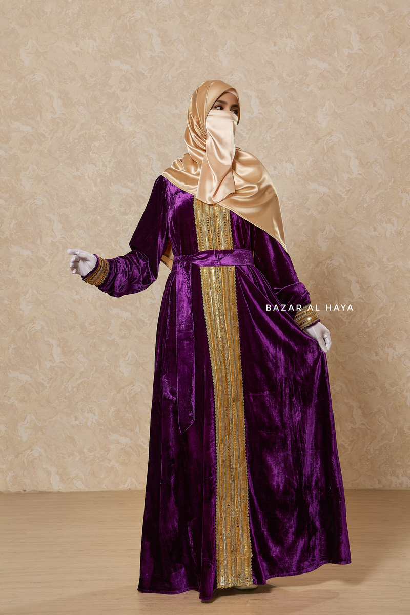 Purple Irfah Luxurious Plush Pombarch Kaftan - Abaya Dress With Belt