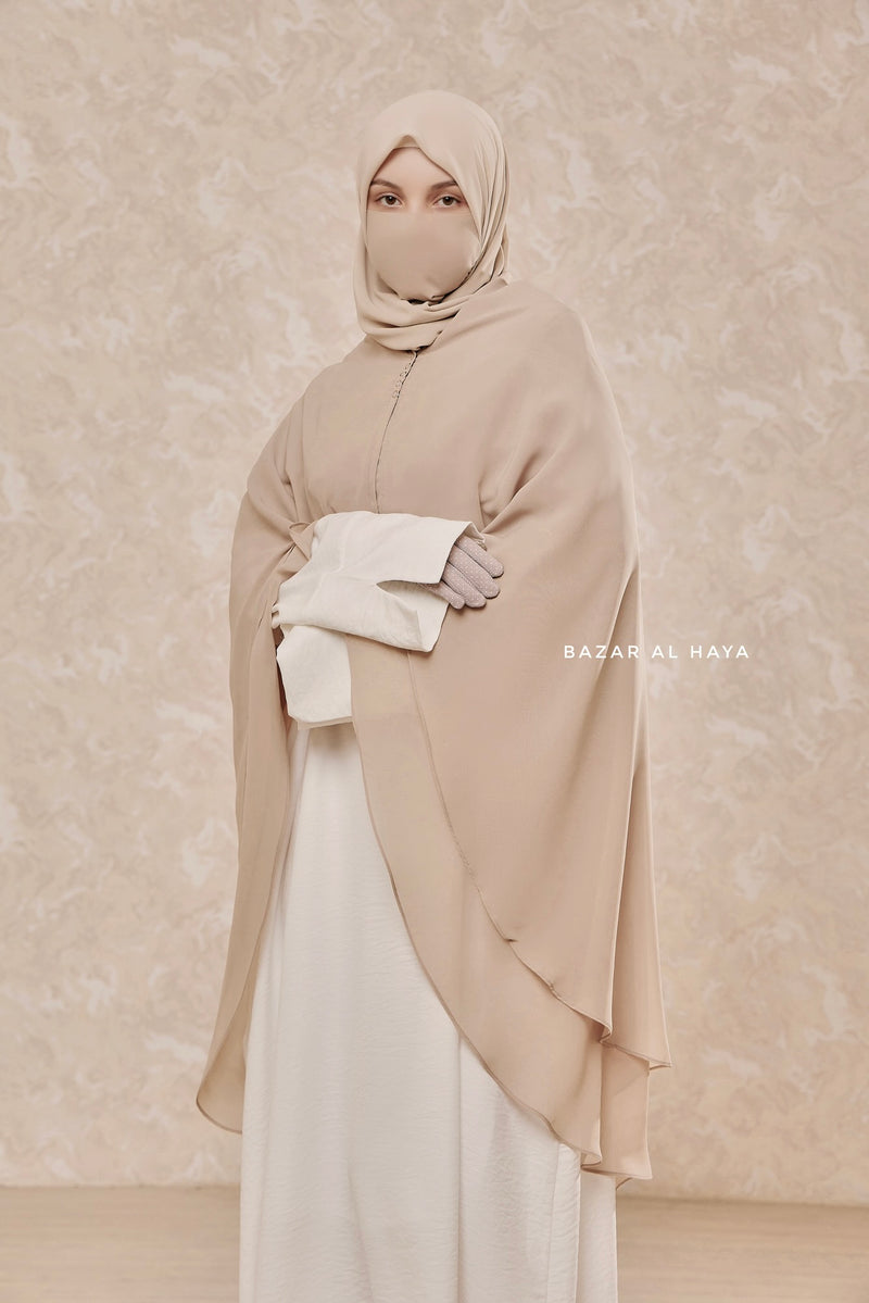 Creme Beige Two Layered Snap Scarf, Khimar, Cape - Super Soft - 3 in 1