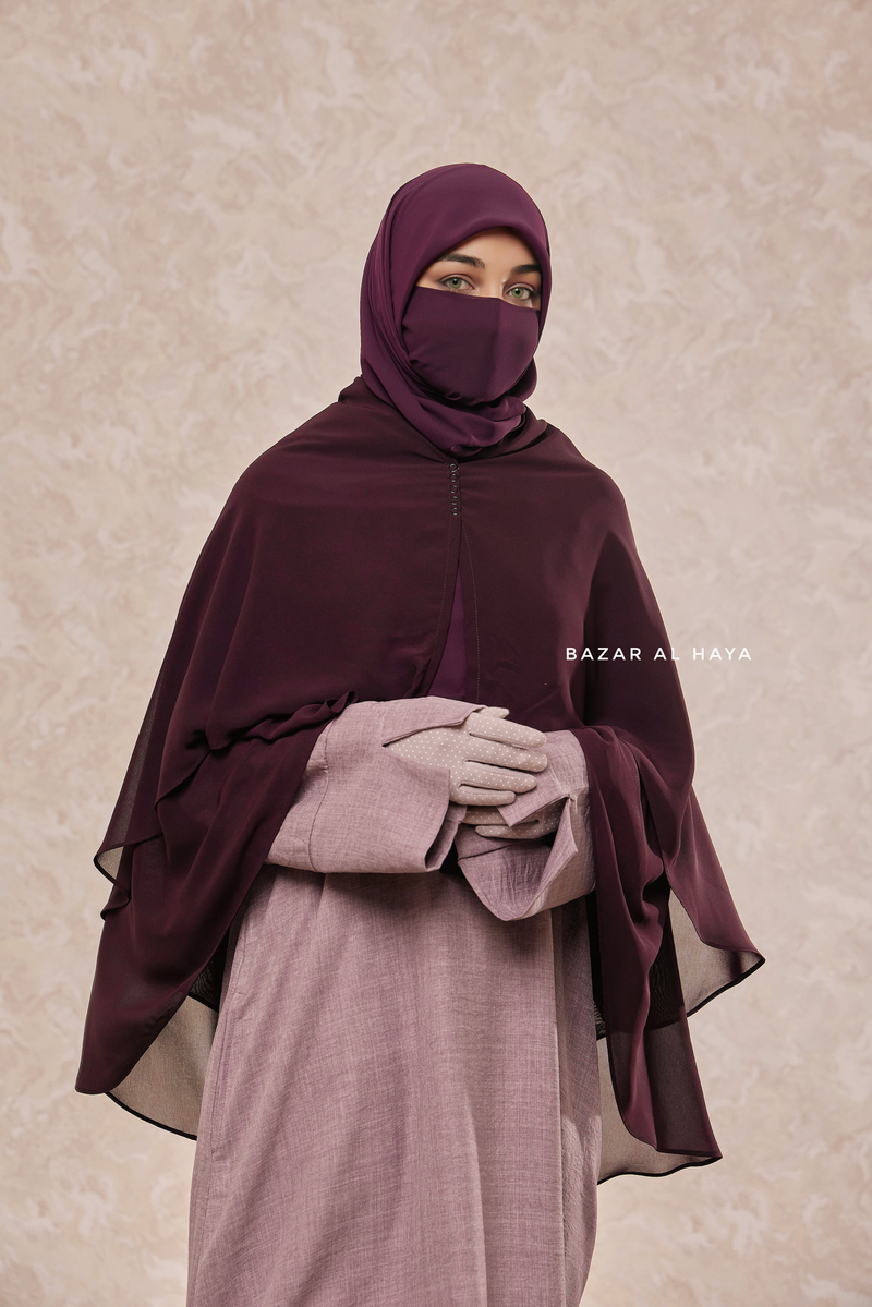 Purple Two Layer Medium Snap Scarf, Khimar, Cape - Super Soft - 3 in 1