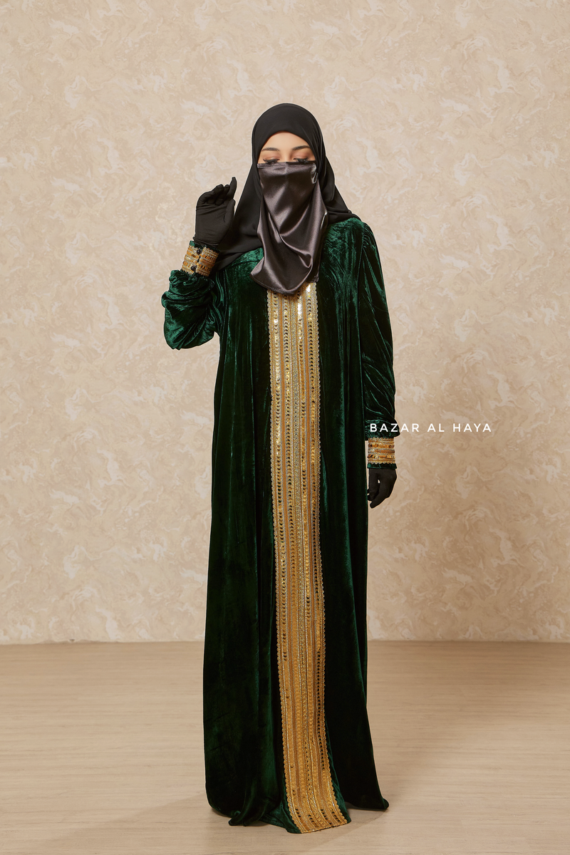 Emerald Green Irfah Luxurious Plush Pombarch Kaftan - Abaya Dress With Belt