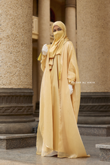 Humaira 3 Piece Abaya Set In Yellow Gold Organza Luxurious Kaftan With Inner Dress, Scarf