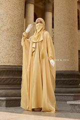 Humaira 3 Piece Abaya Set In Yellow Gold Organza Luxurious Kaftan With Inner Dress, Scarf