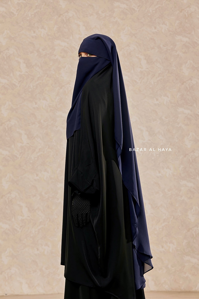 Dark Blue Flap Two Layer Niqab - Long & Wide - Super Breathable Veil - Large