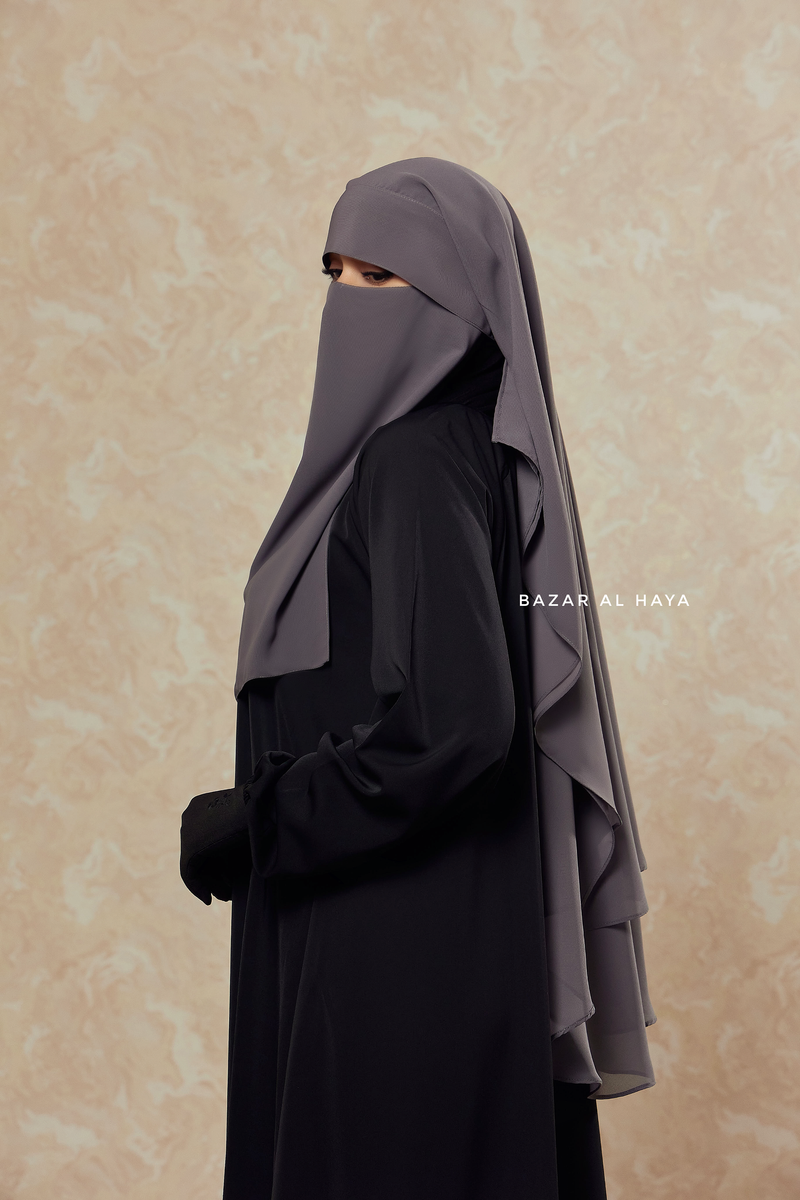 Grey Two Layer Flap Niqab - Premium Wool Chiffon - Medium