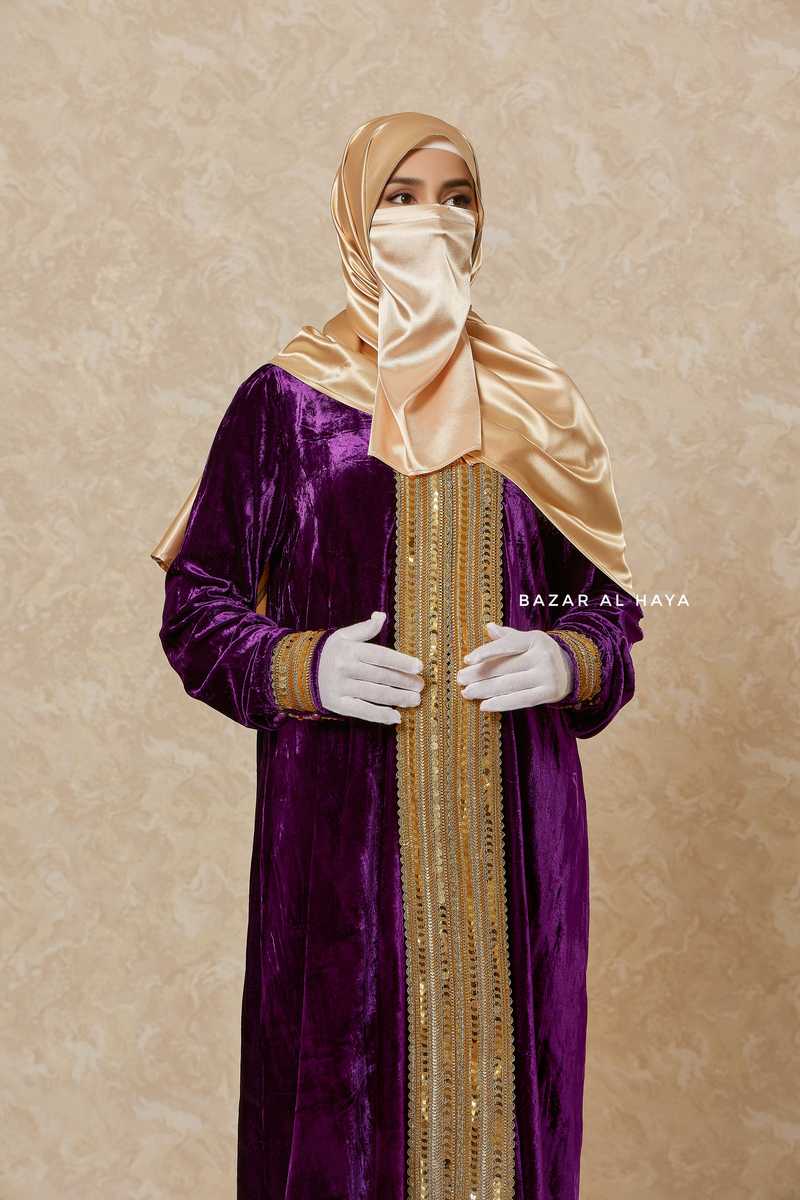 Purple Irfah Luxurious Plush Pombarch Kaftan - Abaya Dress With Belt