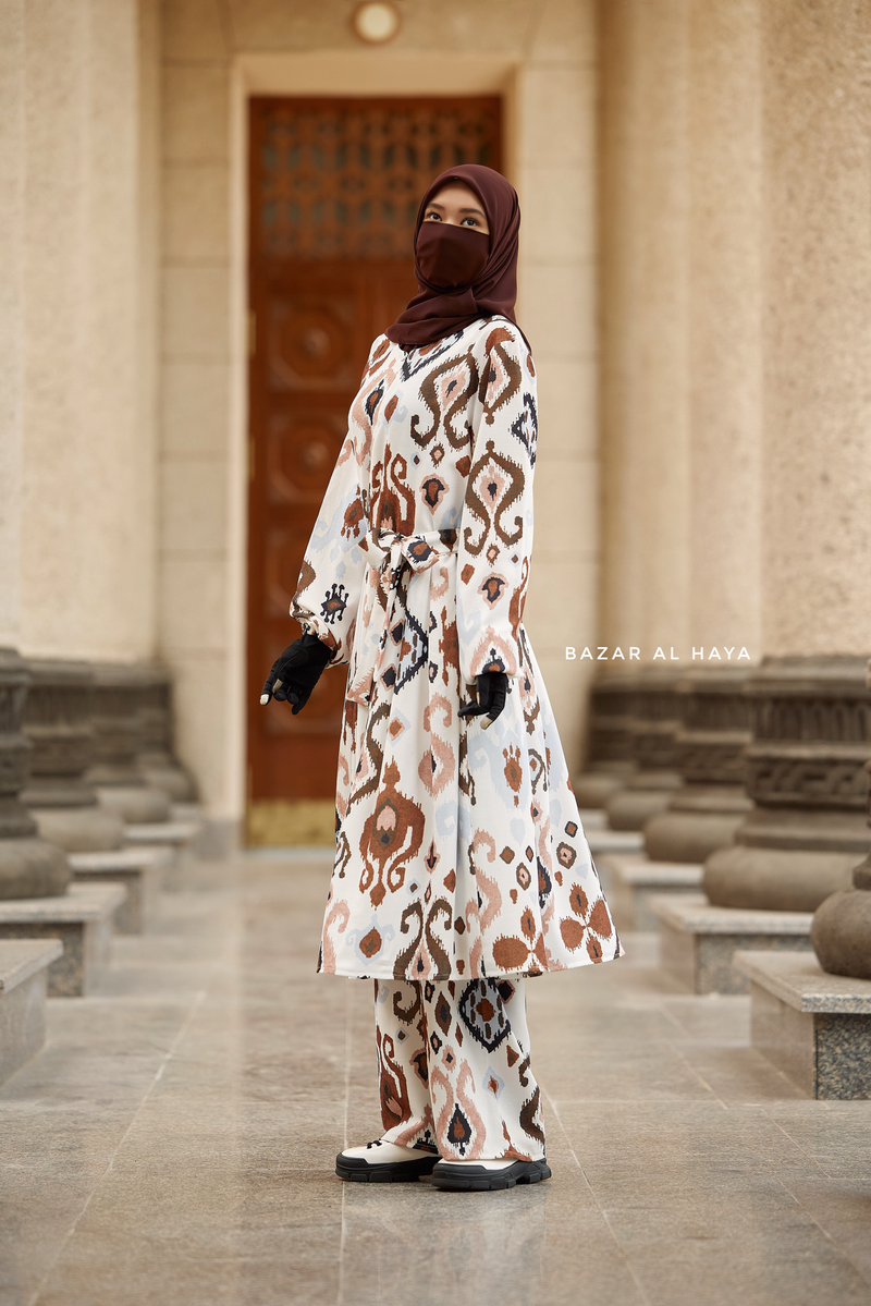 Inaya Brown & White Print Three Piece Top Dress & Wide Pants Set With Belt