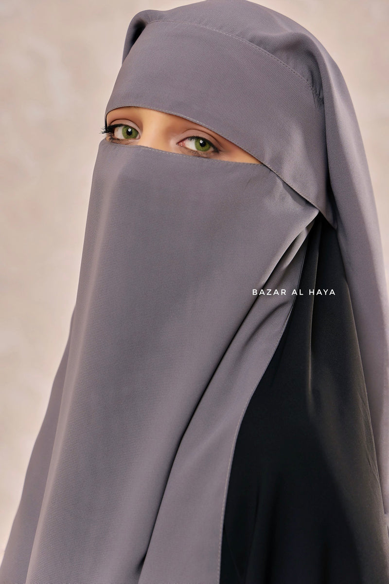 Grey Two Layer Flap Niqab - Premium Wool Chiffon - Medium