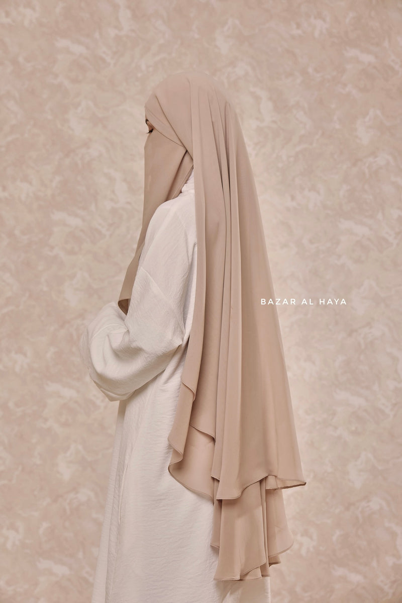 Creme Beige Two Layered Snap Scarf, Khimar, Cape - Super Soft - 3 in 1