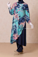 Floral Print Modest Swimwear Three Piece Set - Swimdress, Khimar, & Pants - The Comfort