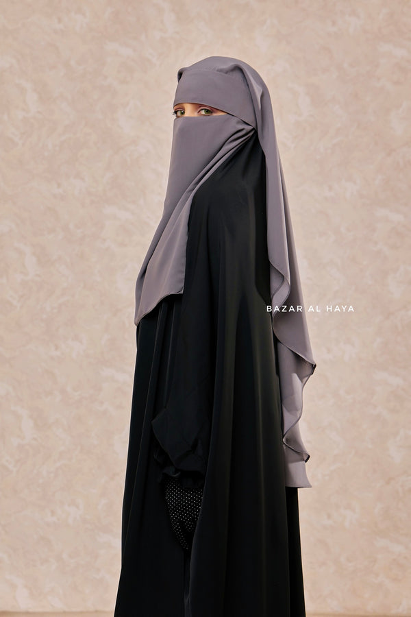 Grey Two Layer Flap Niqab - Premium Wool Chiffon - Medium