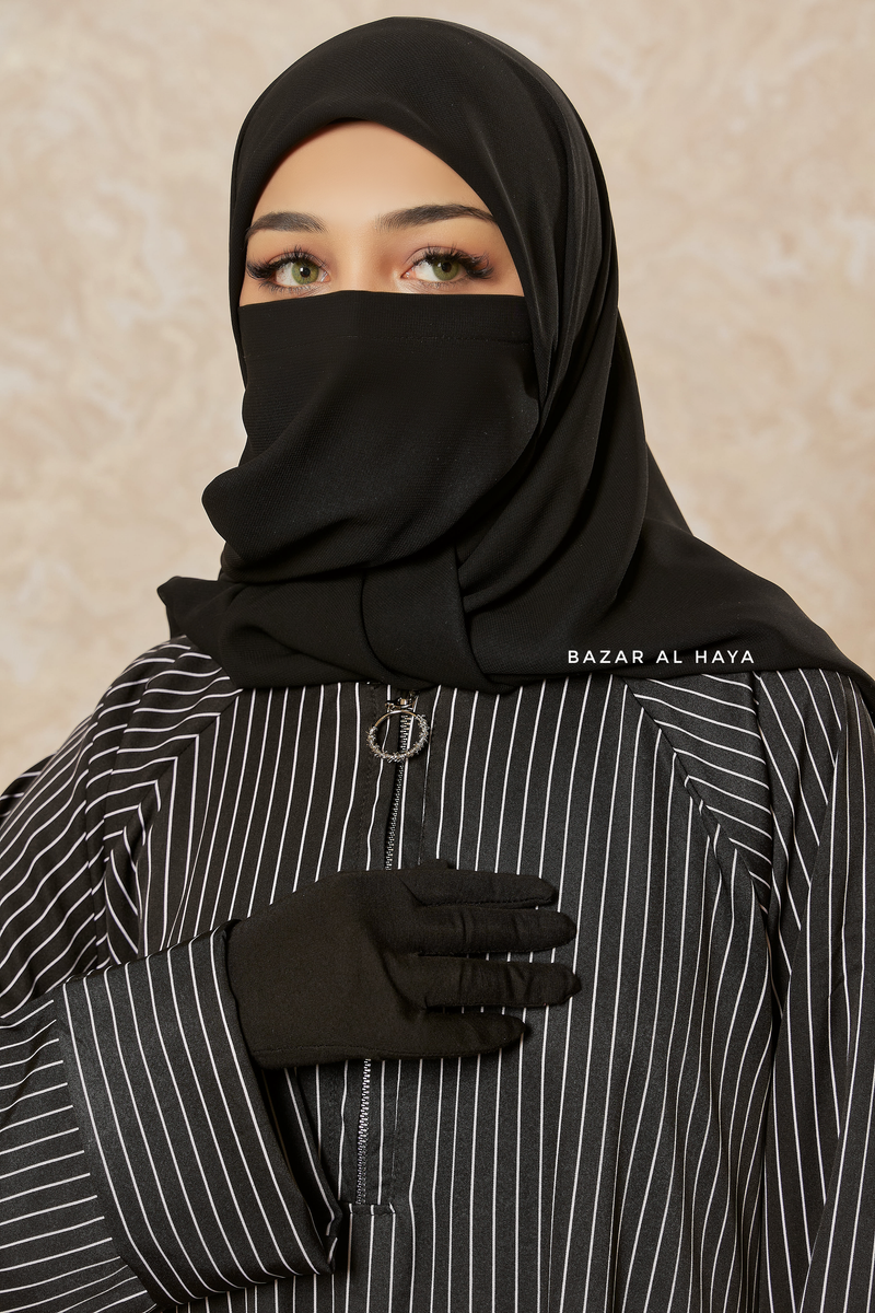 Black & White Striped Madina Abaya - Soft Relaxed Fit - Mediumweight Silk Crepe