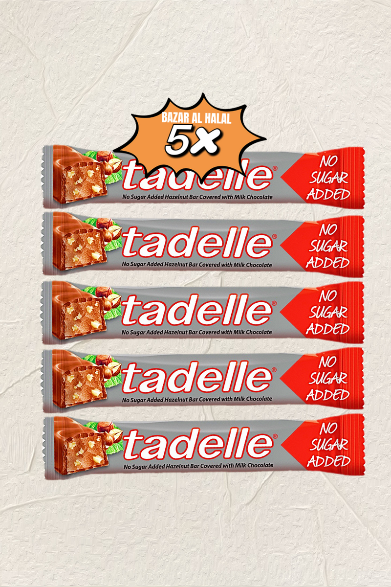 5 Pack Tadelle Sugar Free, Milk Chocolate Bar With Hazelnuts