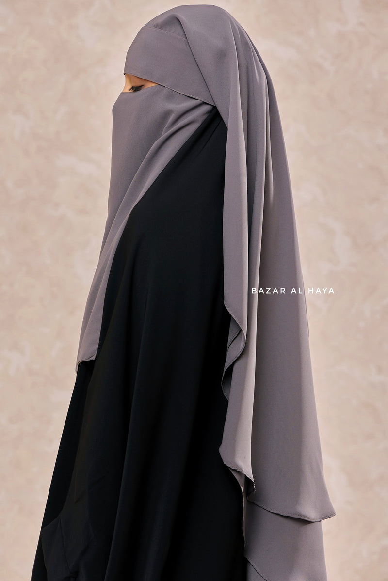 Grey Two Layer Flap Niqab - Premium Wool Chiffon - Medium