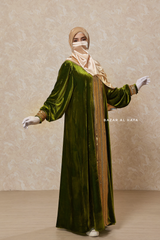 Pistachio Irfah Luxurious Plush Pombarch Kaftan - Abaya Dress With Belt