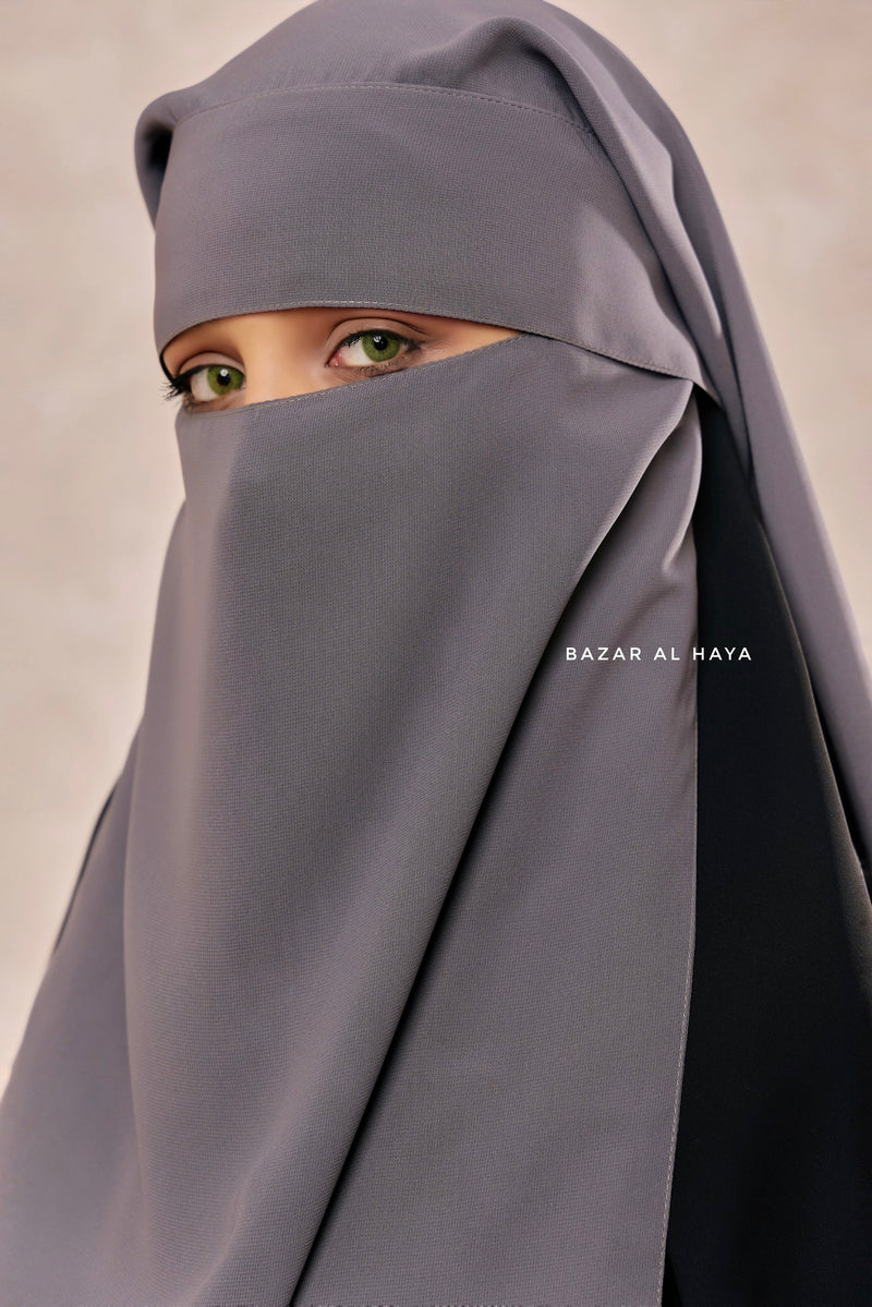 Grey Two Layer Flap Niqab - Premium Wool Chiffon - Medium