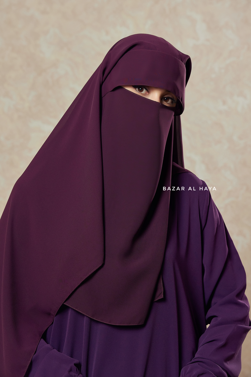 Plum Two Layer Flap Niqab - Premium Wool Chiffon - Large