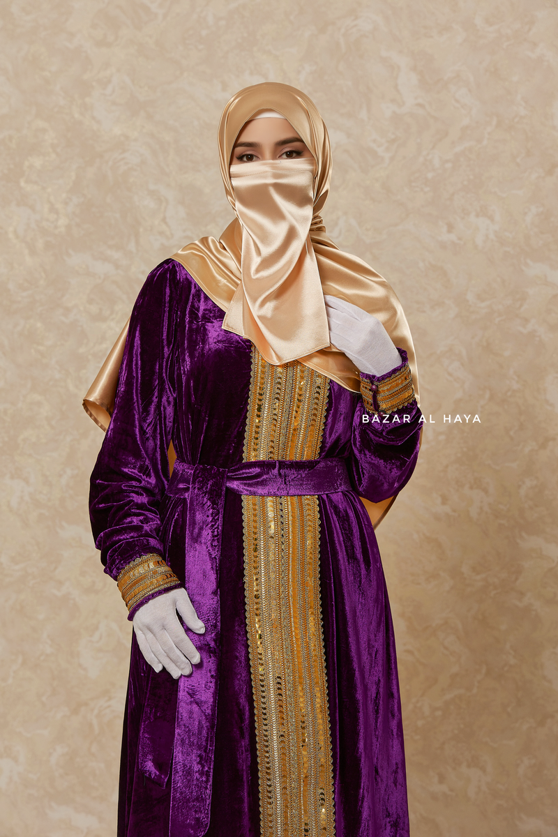 Purple Irfah Luxurious Plush Pombarch Kaftan - Abaya Dress With Belt