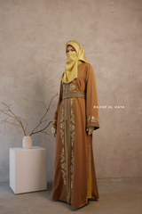 Caramel Reshma Moroccan Kaftan Abaya Embroidery Dress With Gold Abaya & Belt - 3 Piece Set