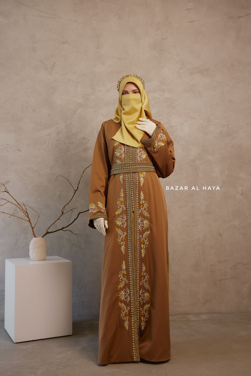 Caramel Reshma Moroccan Kaftan Abaya Embroidery Dress With Gold Abaya & Belt - 3 Piece Set