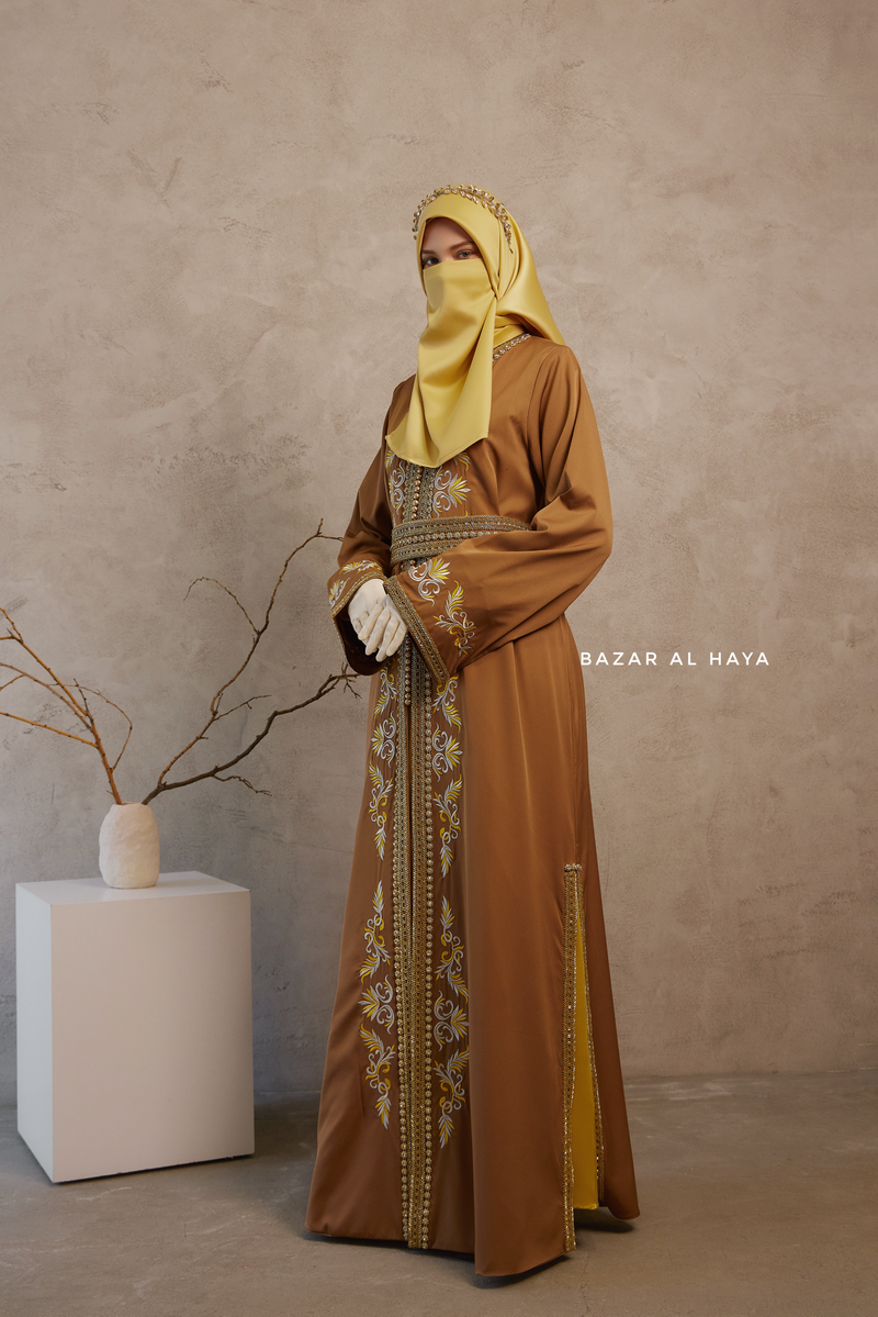 Caramel Reshma Moroccan Kaftan Abaya Embroidery Dress With Gold Abaya & Belt - 3 Piece Set