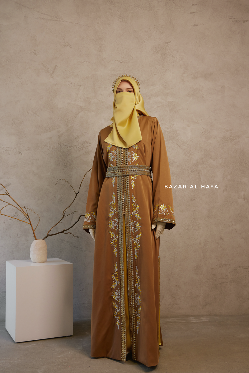 Caramel Reshma Moroccan Kaftan Abaya Embroidery Dress With Gold Abaya & Belt - 3 Piece Set