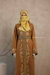 Caramel Reshma Moroccan Kaftan Abaya Embroidery Dress With Gold Abaya & Belt - 3 Piece Set