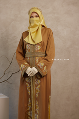 Caramel Reshma Moroccan Kaftan Abaya Embroidery Dress With Gold Abaya & Belt - 3 Piece Set