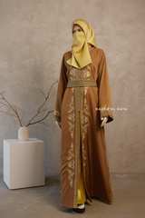 Caramel Reshma Moroccan Kaftan Abaya Embroidery Dress With Gold Abaya & Belt - 3 Piece Set