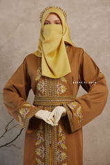 Caramel Reshma Moroccan Kaftan Abaya Embroidery Dress With Gold Abaya & Belt - 3 Piece Set