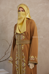 Caramel Reshma Moroccan Kaftan Abaya Embroidery Dress With Gold Abaya & Belt - 3 Piece Set