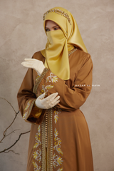 Caramel Reshma Moroccan Kaftan Abaya Embroidery Dress With Gold Abaya & Belt - 3 Piece Set