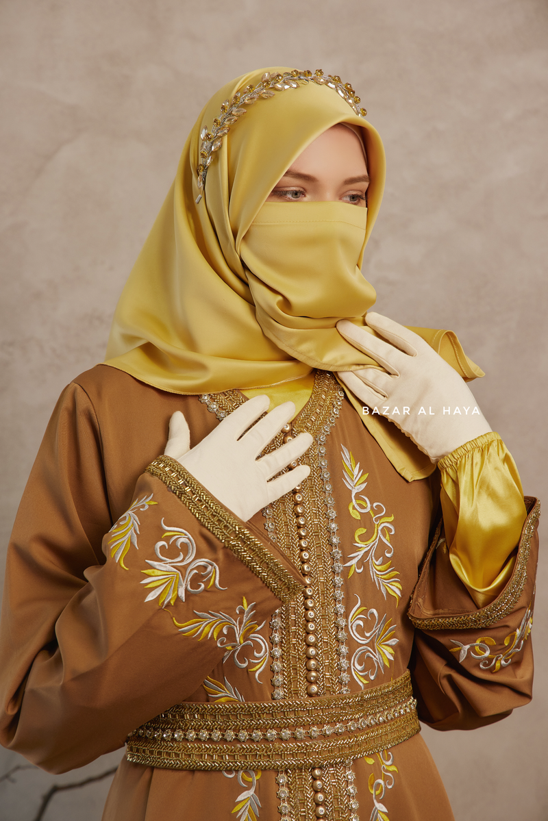 Caramel Reshma Moroccan Kaftan Abaya Embroidery Dress With Gold Abaya & Belt - 3 Piece Set