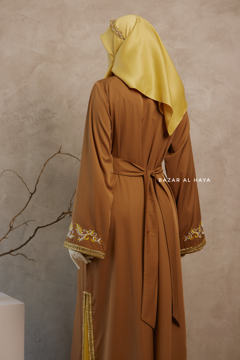 Caramel Reshma Moroccan Kaftan Abaya Embroidery Dress With Gold Abaya & Belt - 3 Piece Set