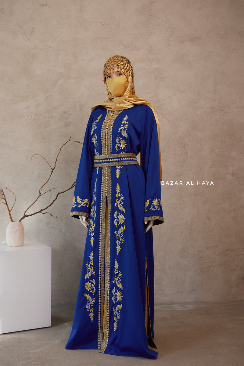 Royal Blue Reshma Moroccan Kaftan Abaya Embroidery Dress With Gold Abaya & Belt - 3 Piece Set