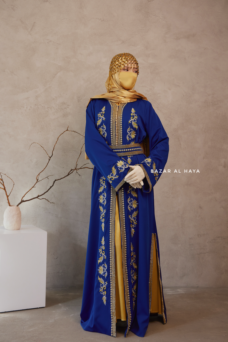 Royal Blue Reshma Moroccan Kaftan Abaya Embroidery Dress With Gold Abaya & Belt - 3 Piece Set