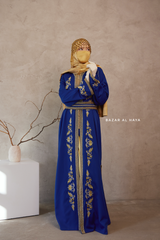 Royal Blue Reshma Moroccan Kaftan Abaya Embroidery Dress With Gold Abaya & Belt - 3 Piece Set