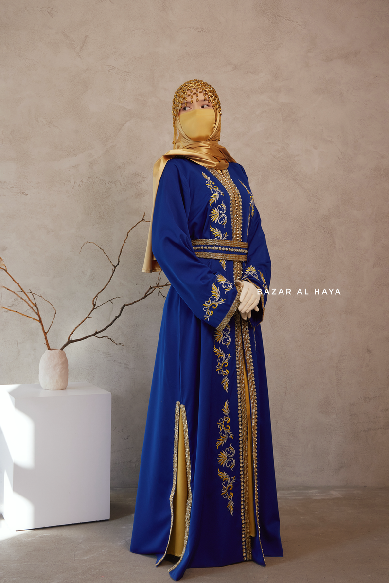 Royal Blue Reshma Moroccan Kaftan Abaya Embroidery Dress With Gold Abaya & Belt - 3 Piece Set