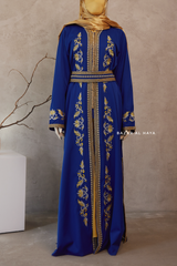 Royal Blue Reshma Moroccan Kaftan Abaya Embroidery Dress With Gold Abaya & Belt - 3 Piece Set