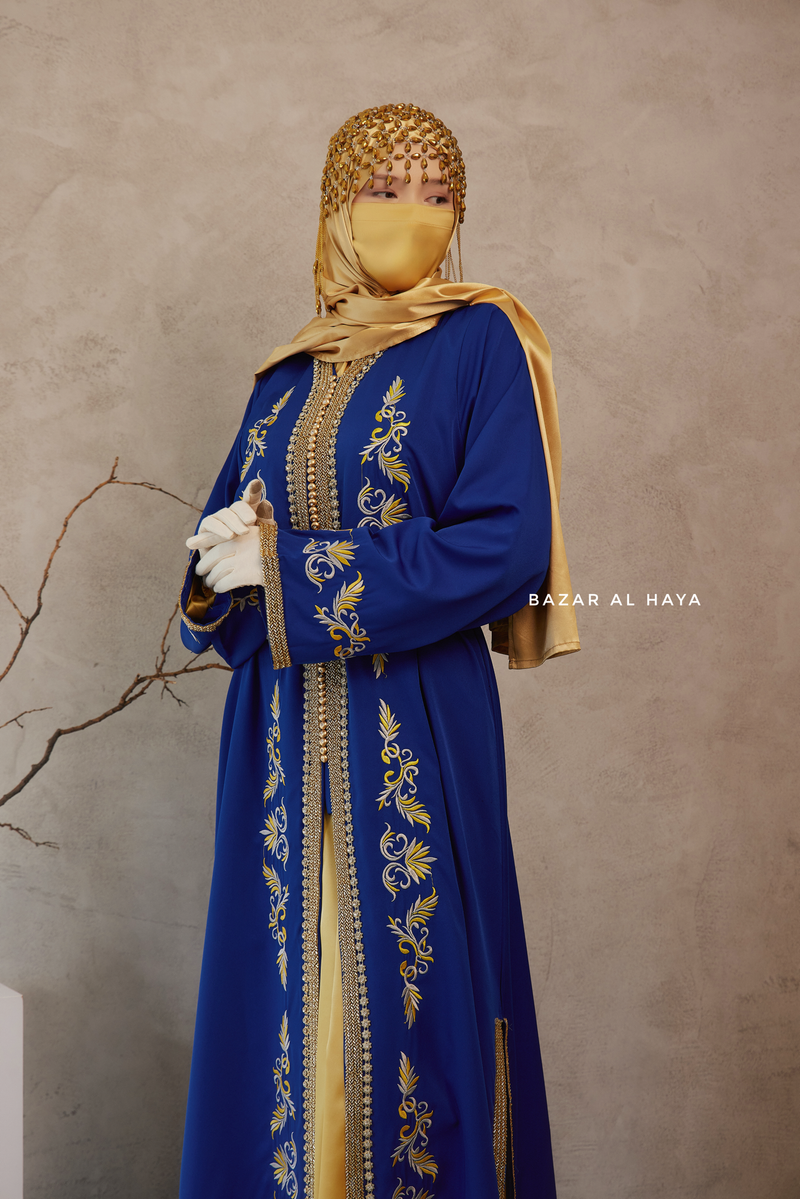 Royal Blue Reshma Moroccan Kaftan Abaya Embroidery Dress With Gold Abaya & Belt - 3 Piece Set