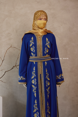 Royal Blue Reshma Moroccan Kaftan Abaya Embroidery Dress With Gold Abaya & Belt - 3 Piece Set